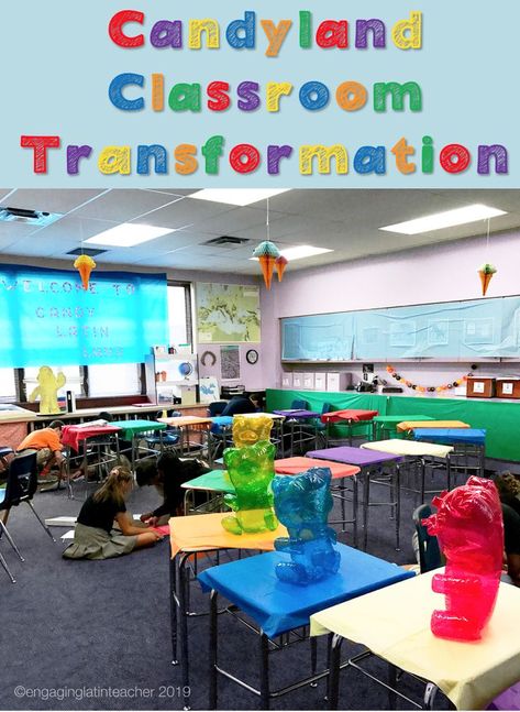 Fun Classroom Theme Days, Candyland Classroom Transformation, Candy Land Room Transformation, Candy Land Classroom Transformation, Candyland Room Transformation, Middle School Procedures, Candy Land Classroom, Transformation Classroom, Classroom Themes Elementary