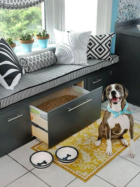 Window seat with storage (dry dog food stored in one of drawers!) Dog Food Storage Bench, Kitchen Window Seat Ideas, Dog Window Seat, Built In Window Seat, Window Seat Kitchen, Bay Window Seat, Window Seat Storage, Window Seat Design, Dog Window