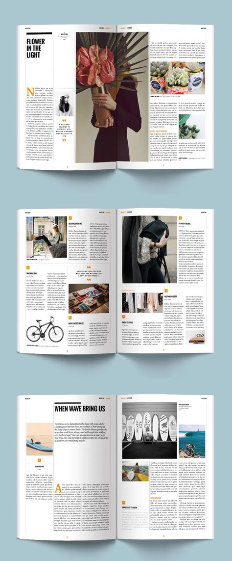 Magazine Template. 36 Unique Pages. This is a clean and modern Indesign magazine template for any project purpose. Ideas For Magazine, Magazine Page Layouts, Design De Configuration, Anniversary Magazine, Collage Magazine, Fashion Editorial Layout, Mises En Page Design Graphique, Indesign Layout, Magazine Layout Inspiration