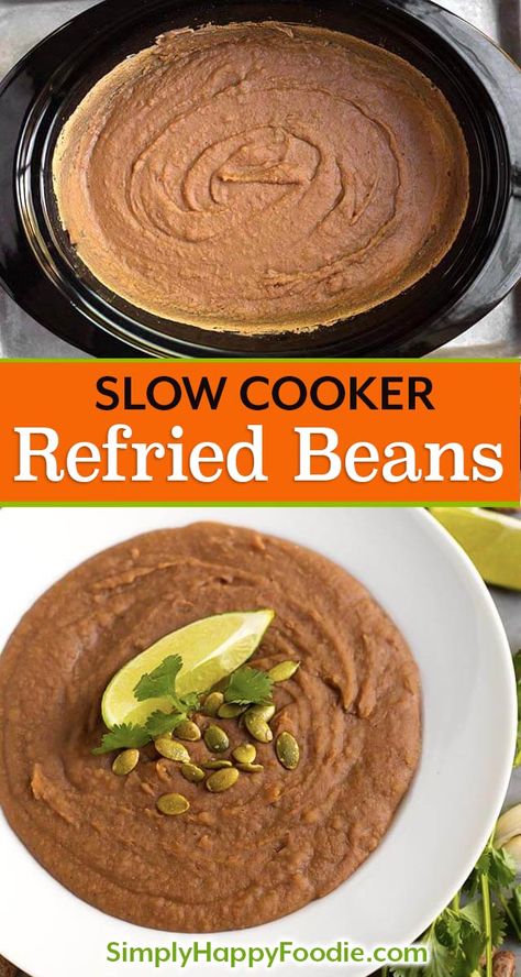 Slow Cooker Refried Beans are so delicious! These crock pot refried beans taste much better than canned beans. this slow cooker refried beans recipe is a dump and start, so it's super easy to make! simplyhappyfoodie.com #slowcookerrefriedbeans #crockpotrefriedbeans #slowcookerpintobeans #crockpotpintobeans #frijoles How to make refried beans Refried Beans Recipe Easy, Crockpot Refried Beans, Make Refried Beans, Homemade Refried Beans, Refried Beans Recipe, Mexican Side Dishes, Cooking Dried Beans, Healthy Crockpot Recipes, Crock Pot Slow Cooker