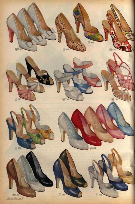 FASHION OF BYGONE DAYS (1500s-1960s) | Montgomery Ward Albany | Facebook 1950s Womens Shoes, Vintage Spring Outfits, 1980s Shoes, Historical Garments, Modern Retro Decor, 1960s Shoes, Mermaid Shoes, 1950s Fashion Women, 50s Women