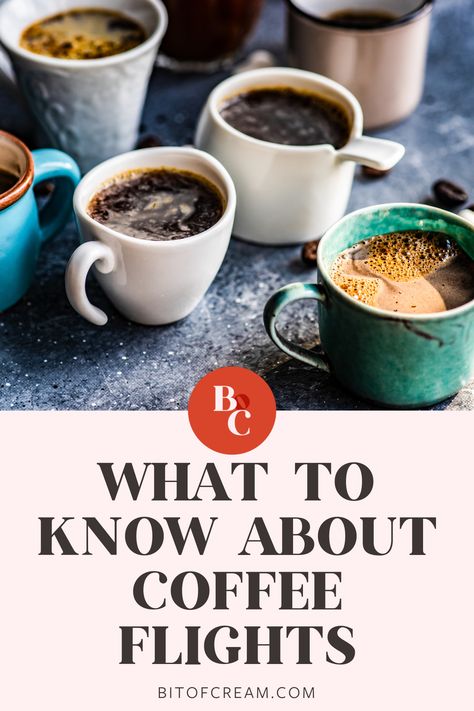 What it is a Coffee Flight? (And Why You Should Try One) - BIT OF CREAM Coffee Flights Ideas, Coffee Flight Ideas, Coffee Flight Board, Coffee Flights, Coffee Questions, Different Coffee Drinks, Coffee Knowledge, Wine Flight, Dream Cafe