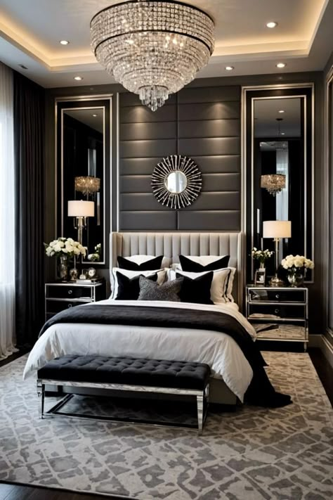 Beautiful Guest Bedrooms Modern, Dark Bedroom With White Furniture, Glamorous Bedroom Decor Luxury, Modern Bedroom With Color, Glam Master Room Bedroom Ideas, Modern Glam Bedroom Decor, Glam Chic Bedroom, Contemporary Glam Bedroom, Glam Bedroom Ideas