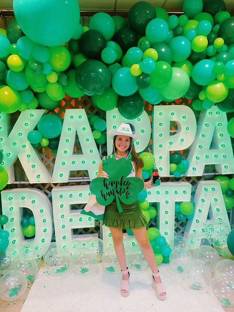 Lucky Charm Sorority, Lucky Charms Themed Bid Day, Shamrock Week Kappa Delta, Lucky Me Bid Day Theme, Lucky Me Bid Day, Lucky Charms Bid Day, Sorority Letters Painted, Recruitment Themes, Spring Recruitment