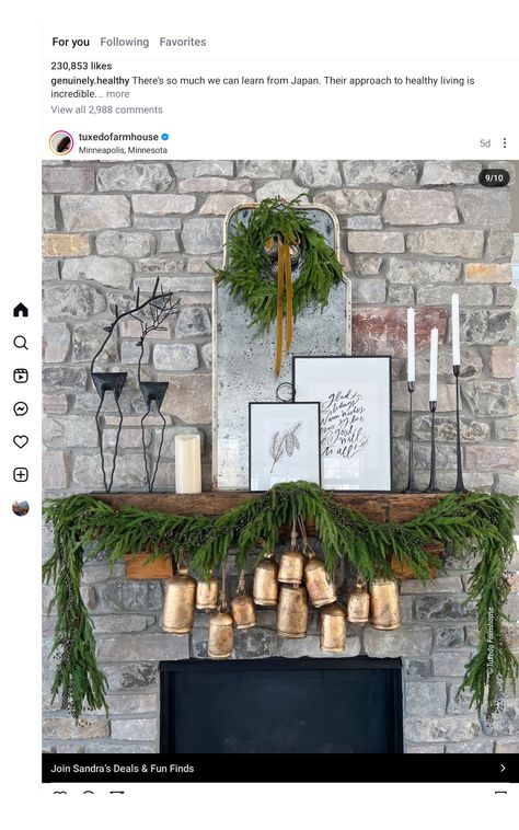 Diy Cowbells For Christmas, Hearth Decor, Garland Mantle, Christmas Garland Mantle, Holiday Mantel Decor, Christmas Cabin, Mantel Decorating, Christmas Staircase, Farmhouse Glam