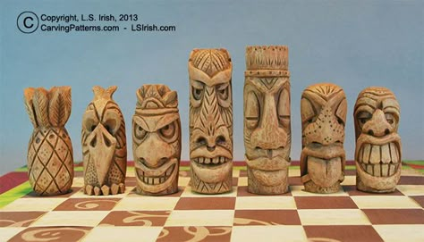 free tiki craft | Tiki Chess Set, Beginner's Wood Carving Project by Lora S. Irish Tiki Faces, Wood Carving For Beginners, Tiki Totem, Tiki Art, Chess Sets, Tanah Liat, Carving Wood, Carving Patterns, Easy Wood