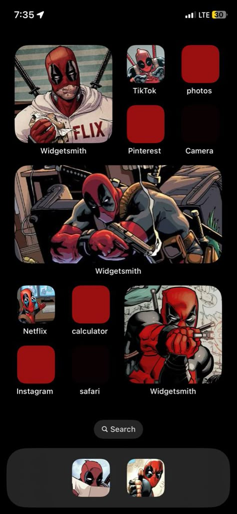 Side Widget Ideas, Deadpool Homescreen, Deadpool Phone Theme, Homescreen Wallpaper Layout Iphone, Marvel Phone Theme, Cool Homescreen Wallpaper, I Phone Layout Ideas, Homescreen Wallpaper Layout, Cool Homescreen