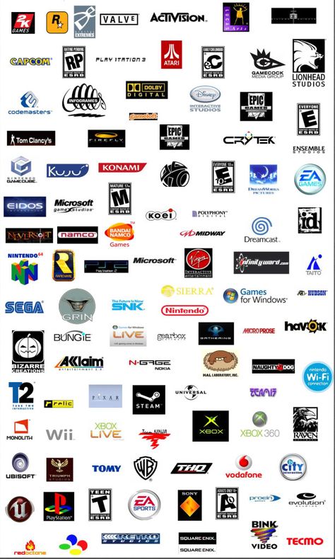 You are gamer? Well, maybe know these logos. Video Game Company Logos, Bronze Moodboard, Video Game Logo Design, Movie Symbols, Game Company Logo, Game Branding, Film Company Logo, Google Icon, Game Logos