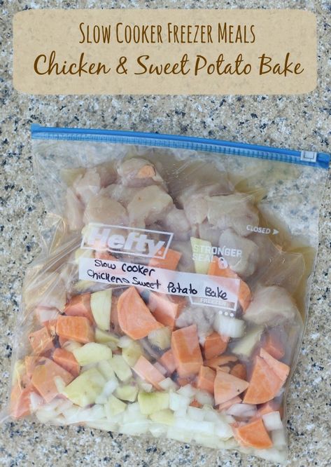 Chicken & Sweet Potatoes | Freezer to Slow Cooker Meals - BargainBriana Crock Pot Buffalo Chicken, Chicken Sweet Potatoes, Chicken And Sweet Potato, Chicken Freezer Meals, Freezer Dinners, Slow Cooker Freezer Meals, Slow Cooker Meals, Buffalo Chicken Sandwiches, Freezable Meals