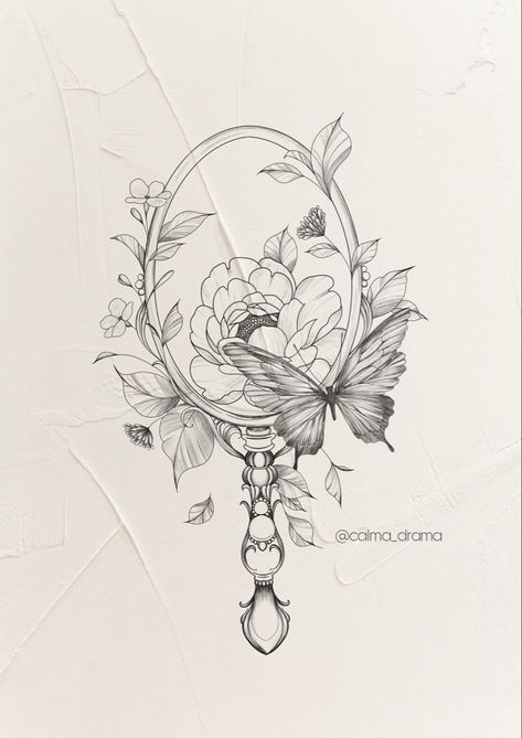 Mirror Flower Tattoo, Victorian Floral Tattoo, Frame With Flowers Tattoo, Mirror With Flowers Tattoo, Hand Holding Mirror Tattoo, Vintage Mirror Tattoo Design, Vintage Hand Mirror Tattoo, Vintage Mirror Drawing, Floral Frame Tattoo