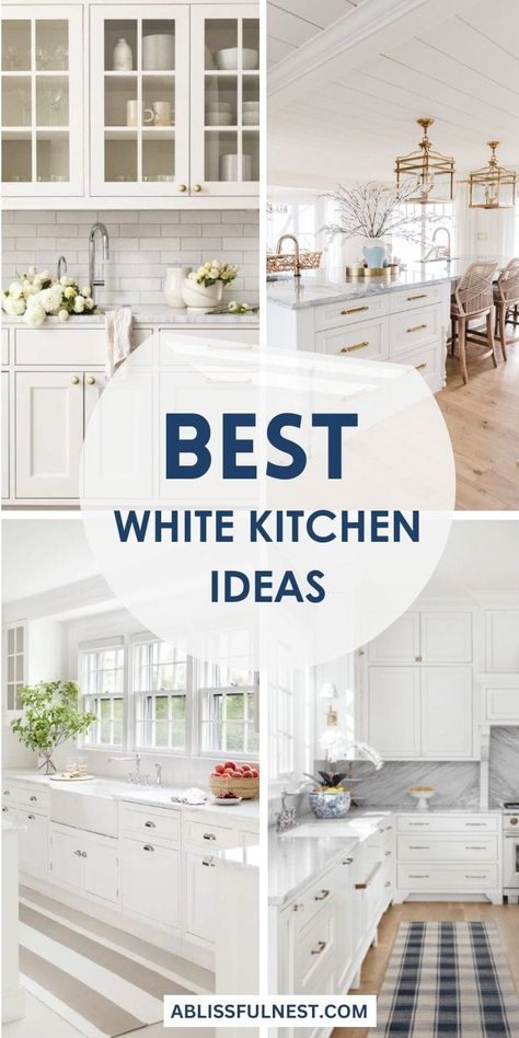 Looking for kitchen inspo? Explore these stunning white kitchen ideas that add elegance and light to your home. Whether you love sleek and modern or cozy and traditional, we've got you covered! #kitchendesign #whitekitchenideas #ABlissfulNest Bright Farmhouse Kitchen, White Kitchen Island Ideas, White Kitchens Ideas, Countertops Decor Ideas, Kitchen Countertops Decor Ideas, Modern Farmhouse White Kitchen, Traditional White Kitchen Cabinets, All White Kitchens, White Cabinets Kitchen