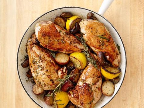 Roast chicken, mushrooms and potatoes in one skillet for a hearty cool-weather supper. Rosemary Chicken Recipe, Rosemary Chicken, Food Network Magazine, Cook Chicken Breast, Cooking Wine, Poultry Recipes, Chicken And Vegetables, Chicken Breast Recipes, Turkey Recipes