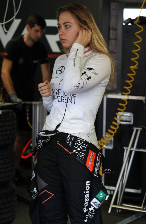 Sophia Floersch is recovering after surgery. Photo: K.Y. Cheng Mechanic Clothes Female, Female Racer Aesthetic, Mechanic Outfit, Racing Photoshoot, Sophia Flörsch, Formula 1 Girls, Mercedes Girl, Mechanic Clothes, Female Race Car Driver