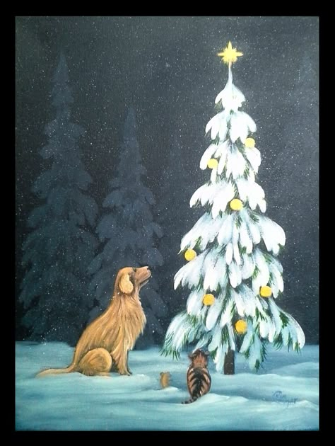 Cat Christmas Painting Easy, Christmas Canvas Art Cow, Snowman Dog Painting, Dog And Cat Christmas Pictures, Christmas Cat Paintings On Canvas, Christmas Tree Outside, Dog Christmas Pictures, Outside Paint, Christmas Paintings On Canvas