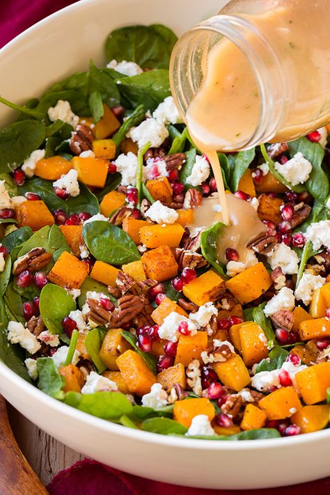 Butternut Squash Pomegranate, Butternut Squash Spinach, Salads For A Crowd, Butternut Squash Salad, Cheese Spinach, Red Wine Vinaigrette, Squash Salad, Autumn Salad, Cooking Classy