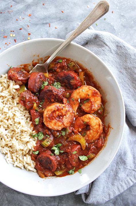 Spicy Sausage and Shrimp Creole - Warming, comforting, & hearty. This recipe is EASY to make:40 minutes. Perfect for meal prepping! (Gluten Free) Shrimp And Sausage Creole, Sausage And Shrimp Recipes, Sausage Creole, Creole Shrimp Recipes, Sausage Shrimp, Shrimp And Sausage, Shrimp Creole, Shrimp Sausage, Creole Recipes