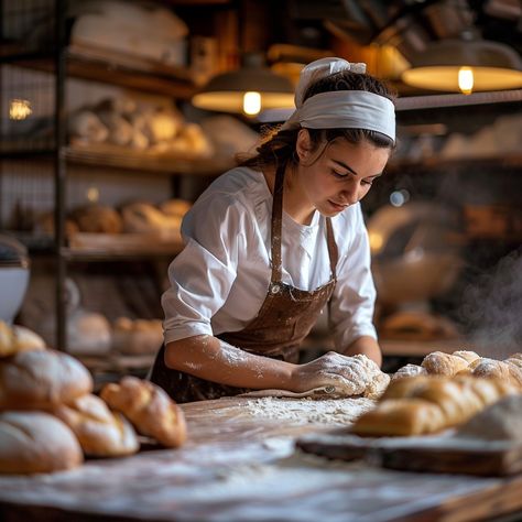 Baking Fresh Bread: A focused female baker kneads dough among freshly baked bread, surrounded by warm light in her rustic bakery. #baker #bread #baking #kitchen #oven #aiart #aiphoto #stockcake ⬇️ Download and 📝 Prompt 👉 https://ayr.app/l/7u7y Baker Reference Pose, Baker Professional Pictures, Person Baking Reference, Cake Baking Photography, Bakery Behind The Scenes, Baking Photoshoot Ideas, Bakery Photography Ideas, Bakery Owner Aesthetic, Bakery Instagram Feed Ideas