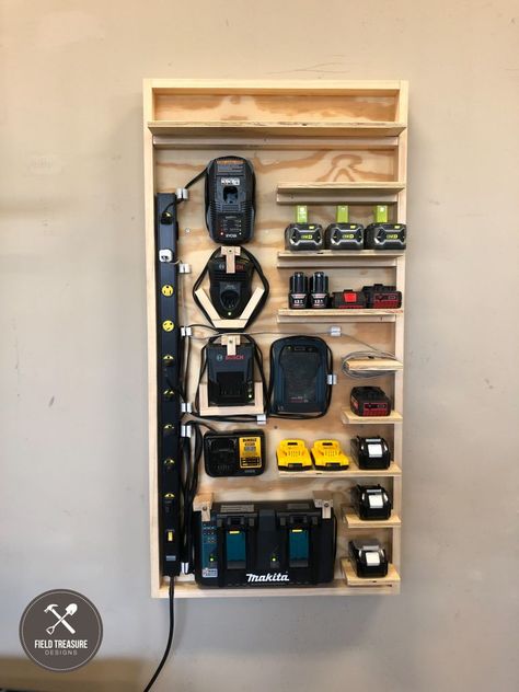 DIY Battery Charging Station - Field Treasure Designs Battery Charging Station, Garage Organisation, Garage Workshop Organization, Power Tool Storage, Garage Organization Diy, Garage Tool Storage, Small Garage, Tool Storage Diy, Easy Build