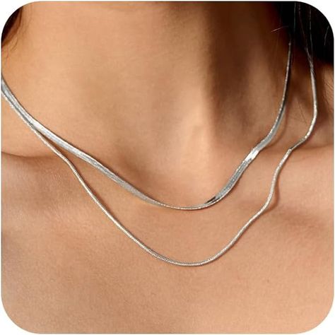 Amazon.com: CHESKY Sterling Silver Necklace for Women Snake Chain Necklace Herringbone Necklace Gold Choker Necklaces for Women Girl Gifts Jewelry 1.5/3/5MM(W) 14"/16"(L) (layer 3mm&1.5mm Silver): Clothing, Shoes & Jewelry Gold Chain Necklace Womens, Silver Clothing, Multi Layer Necklace Beads, Locket Necklace Vintage, Silver Necklace Set, Silver Necklaces Women, Braided Necklace, Herringbone Necklace, Topaz Necklace