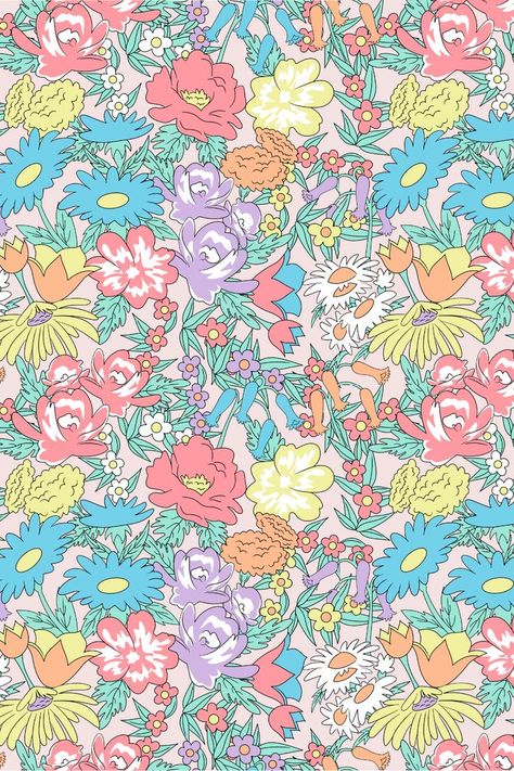 Vintage Pastel Rainbow Wildflowers 70s Flower Power Floral. This design was inspired by vintage fabrics from the 1960s and 1970s. You can purchase items on Redbubble with this pattern. Pastel Colour Aesthetic, Pattern Moodboard, 70s Flower Power, Colorful Cottage, Retro Pastel, Print Aesthetic, Merch Ideas, Vintage Sunset, Pastel Pattern