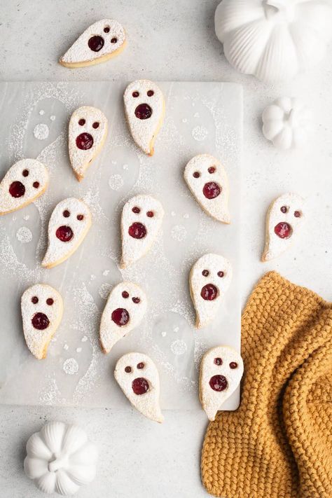 Halloween Ghost Linzer Cookies with step-by-step photos | Eat, Little Bird Ghost Linzer Cookies, Halloween Linzer Cookies, Adorable Food, Linzer Cookies, Ghost Cookies, Halloween Dinner, Halloween Food, Raspberry Jam, Big Party