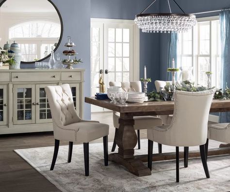 Traditional Dining Room Design Dining Chair Upholstery, Trestle Dining Tables, Plywood Furniture, Dining Room Inspiration, Farmhouse Dining Room, Solid Wood Dining Table, World Of Interiors, Farmhouse Dining, Birch Lane