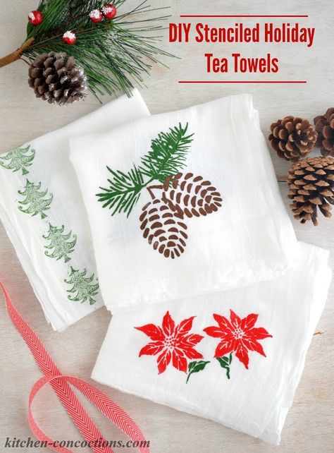 DIY Stenciled Holiday Tea Towels and Holiday Tea Gift Baskets - Kitchen Concoctions Diy Christmas Tea Towels, Holiday Tea Towels, Tea Towels Crafts, Christmas Bazaar Ideas, Christmas Diy Kids, Christmas Party Crafts, Tea Towels Diy, Community Women, Gifts Baskets