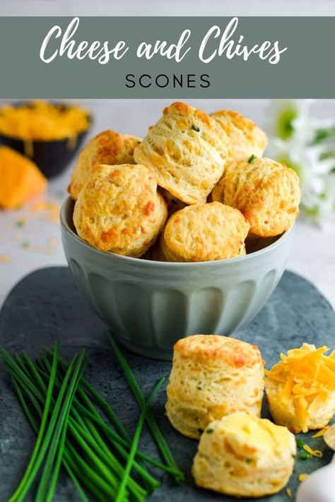 Cheese and Chive Scones Mini Cheese Scones, Mini Scones High Tea, Cheddar And Chive Scones, Mini Scones Recipe Easy, Cheese Scones Recipe Easy, Mini Scones Recipe, Bread Bowl Ideas, Book Themed Food, Book Club Appetizers