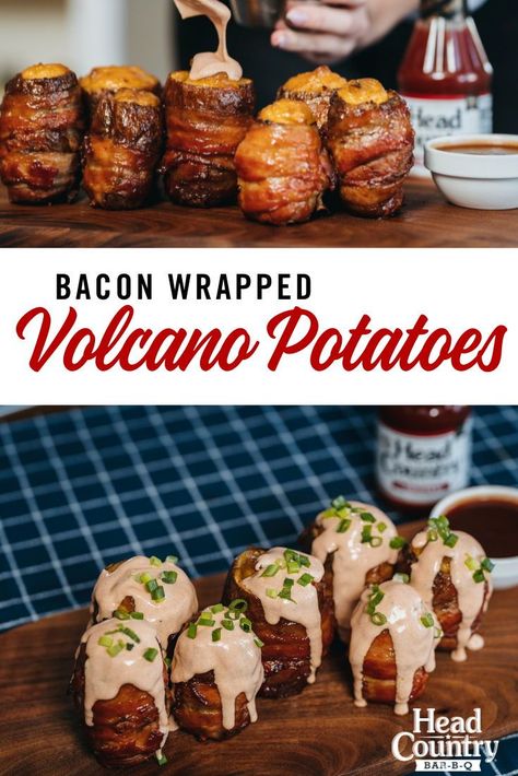 Smoker Tailgate Food, Stuffed Pickles Wrapped In Bacon, Smoked Volcano Potatoes, Smoked Food Ideas Fun, Smoked Bacon Appetizers, Smoked Party Food, Smoker Recipes For A Crowd, Charcoal Grill Ideas, Smoked Potatoes Recipes