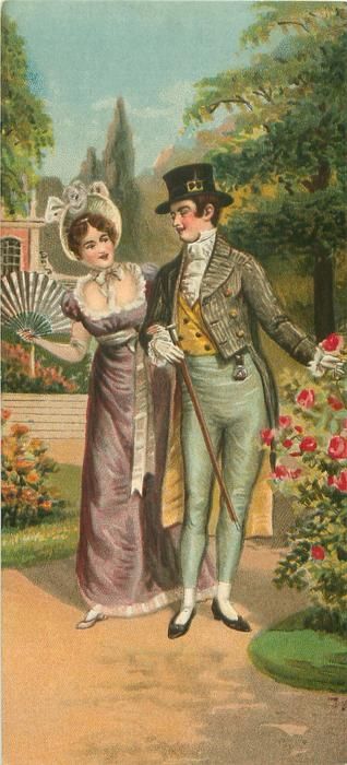 they walk front arm in arm, his left hand holds rose, cane in his right hand, they look into each others eyes - TuckDB Postcards Victorian Paintings, Vintage Couples, Scrapbook Materials, Antique Postcard, Art Poses, Vintage Love, Left Handed, Vintage Postcards, Vintage Images