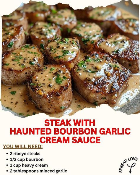 Spooky Good Steak with Bourbon Garlic Cream Sauce 👻🍽️ Elevate your next dinner with this indulgent and flavorful steak topped with a Haunted Bourbon Garlic Cream Sauce! Juicy, tender steaks paired with a creamy, garlicky bourbon sauce—what's not to love? It's the perfect dish to impress your guests or treat yourself on a cozy night in! 🌿🍴 Ingredients: For the Steak: 4 ribeye or sirloin steaks (1 inch thick) Salt & pepper 1 tbsp olive oil 2 tbsp butter For the Sauce: ¼ cup bourbon 4 garlic... Bourbon Cream Sauce, Garlic Cream Sauce Recipe, Heavy Cream Recipes, Strip Steaks, Recipes Steak, Bourbon Cream, Filet Mignon Recipes, Bourbon Sauce, New York Strip