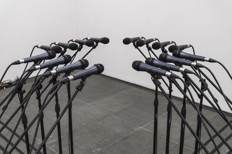 Naama Tsabar, Barricade, 2016, 16 microphones, microphone stands and matching audio equipment, dimensions variable. All images courtesy the artist and Paramo Gallery, Guadalajara Microphone Stands, Sound Installation, Canvas Drawings, Performance Artist, Video Installation, Audio Equipment, Conceptual Art, Experiential, Microphones