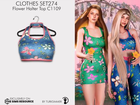 Green Dress With Pink Flowers, Sims 4 Gym, Flower Halter Top, Ruffled Crop Top, Cc Clothes, Woman Clothes, Artist Outfit, Cloth Flowers, Sims4 Cc