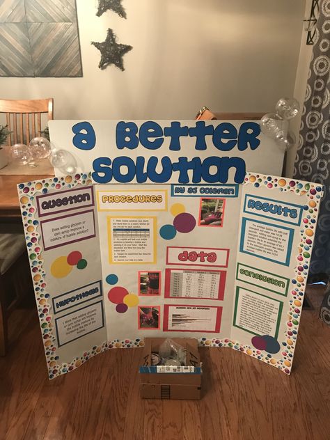 Bubble experiment science fair board Bubbles Science Fair Project, Aesthetic Science Fair Board, Bubble Experiment, Slime Science Fair Project, Science Fair Display Board, Science Fair Poster, Balloon Science Experiments, Easy Science Fair Projects, Chemistry Poster