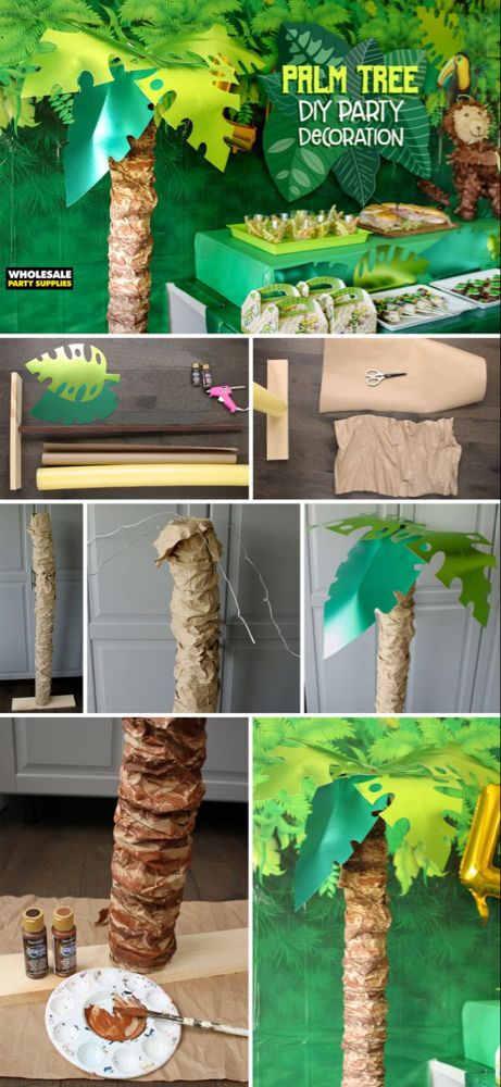 Pool Noodle Palm Tree, Diy Jungle Decorations, Diy Jungle Theme Decorations, Palm Tree Party, Party Ideas Activities, Jungle Theme Decorations, Jungle Party Decorations, Jungle Decorations, Palm Tree Decorations