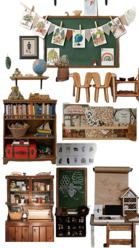 Rustic Homeschool Room, Playroom For All Ages, Vintage Style Playroom, Old Fashioned Classroom, Schoolroom Ideas Homeschooling, Homeschool Garage, Cottagecore Homeschool Room, Farmhouse Homeschool Room Ideas, Vintage Homeschool Room