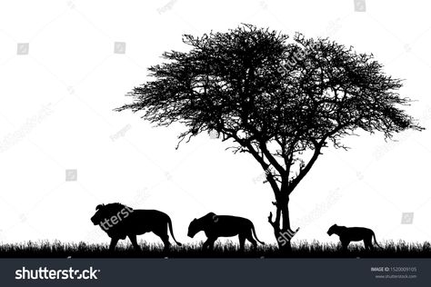 Savanna Tattoo, African Safari Tattoo, Tree Tatto, Lions Family, Safari Landscape, Cubs Tattoo, Lion Silhouette, African Tree, Lion Family