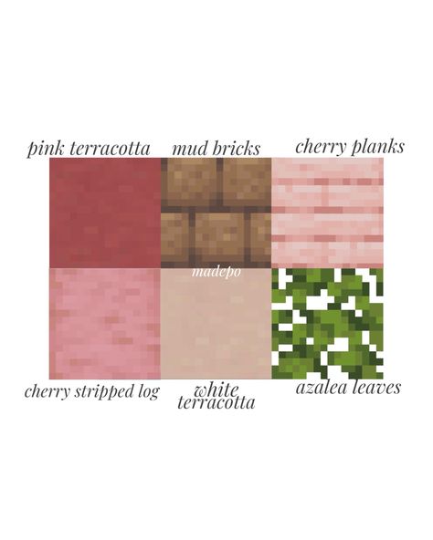 Aesthetic Pink Minecraft House, Cherry Blossom Colour Palette Minecraft, Pink Terracotta Minecraft, Cherry Blossom Block Pallet Minecraft, Pink Blocks Minecraft, Minecraft Mud Brick Pallet, Hardcore Minecraft Base, Pink Minecraft Palette, Minecraft Aesthetic Block Palette