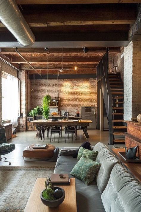 "Experience the edgy elegance of a Modern Industrial Loft! 🏙️🛠️ This design combines raw materials, open spaces, and urban vibes for a chic and contemporary home. 🌟✨ #IndustrialDesign #LoftLiving #ModernDecor" Minimalist Industrial Interior Design, Cozy Industrial Decor, Warehouse Home Design, Magenta Walls, Pink Living Room Ideas, Loft Aesthetic, Modern Industrial Loft, Split Complementary Colors, Split Complementary