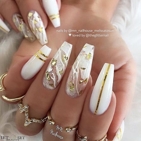 White Nails With Gold, Milky Nails, Glamour Nails, Cute Acrylic Nail Designs, Coffin Nails Long, Summer Acrylic Nails, Coffin Nails Designs, Gold Flakes, Bling Nails