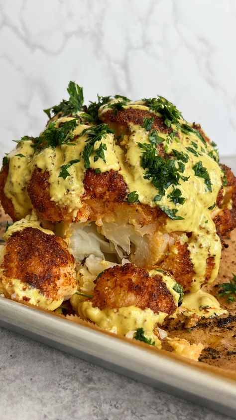 Something Nutritious Blog, Cauliflower Tahini Recipes, Roasted Cauliflower With Pecans Feta And Dates, Tumeric Cauliflower Recipes, Yellow Cauliflower Recipes, Roasted Cauliflower With Tahini Sauce, Something Nutritious, Tahini Recipe Dinners, Whole Roasted Cauliflower Recipes