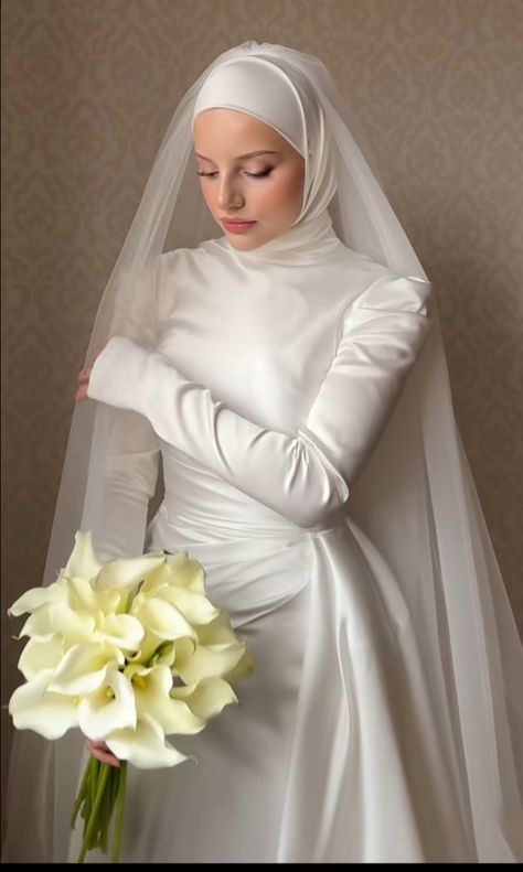 Muslim Dress Wedding, Elegant Wedding Dress Hijab, Bride Dress Hijab, Simple Hijab Wedding Dress, Wedding Dress With Hijab, Hijab Wedding Gown, Hijab Wedding Dresses Simple, Hijabi Bride, Fashion Bride Dresses