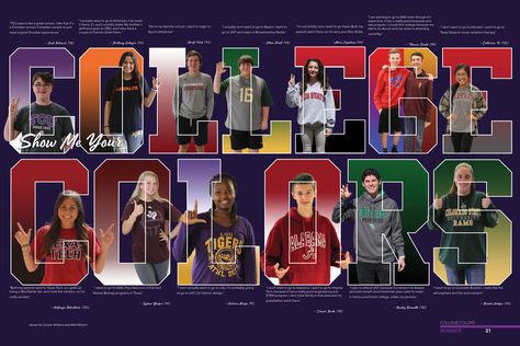 Yearbook Spread 2018, College Colors. (The Creek, Timber Creek High School, Fort Worth, Texas) College Yearbook Design, Hoco Yearbook Spread, Football Yearbook Spread, Yearbook Spreads Ideas, Yearbook Spreads Ideas Layout, Yearbook Collage, Yearbook Memes, Student Life Yearbook, Graphic Design Book Layout