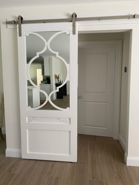 Custom barndoor with mirror Sliding Barn Door With Mirror, Mirrored Barn Door, Barn Door With Mirror, French Barn Doors, Door With Mirror, Master Walk In Closet, Mirror Barn Door, Sliding Door Wardrobe Designs, White Internal Doors