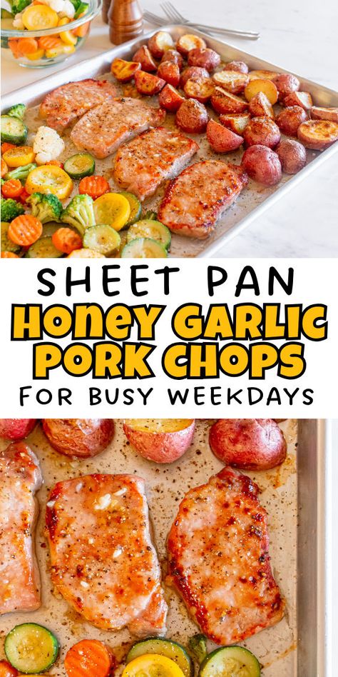 Sheet pan honey pork chops Thick Pork Chop Recipe, Honey Pork Chops, Honey Garlic Pork, Garlic Pork Chops, Roast Pork Chops, Pan Pork Chops, Potatoes And Vegetables, Honey Garlic Pork Chops, Cooking Pork Chops