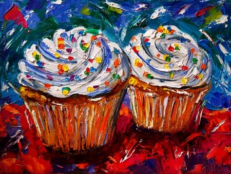 Impressionist texture colorful painting cupcakes by Debra Hurd, painting by artist Debra Hurd Kitchen Artwork Painting, Painted Cupcakes, Cupcake Painting, Baking Painting, Baking Art, Cupcake Art, Painting Party, Community Support, Food Painting