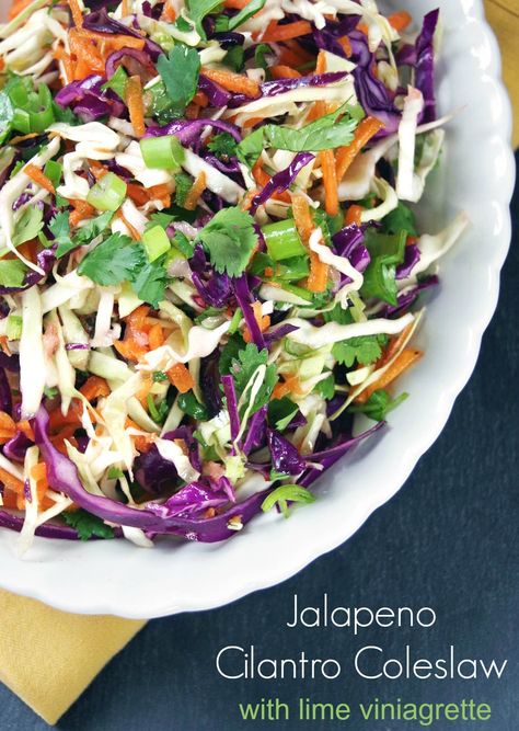 Jalapeno Cilantro Coleslaw Recipe with Lime Vinaigrette Cilantro Coleslaw, Lime Coleslaw, Spicy Coleslaw, Coleslaw Recipes, Vegan Coleslaw, Side Salads, Homemade Coleslaw, Jalapeno Recipes, Savory Foods