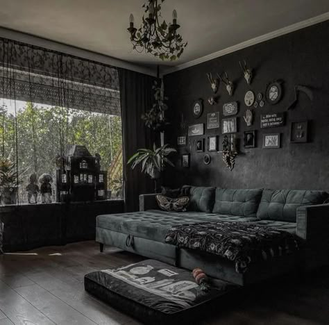 Cosy Gothic Living Room, Gothic Themed Living Room, Modern Gothic Farmhouse Kitchen, Gothic Living Room Ideas Modern, Goth Home Aesthetic Victorian, Dark Gothic Home Aesthetic, Simple Gothic Home Decor, Mid Century Gothic Living Room, Dark Victorian Aesthetic Bedroom