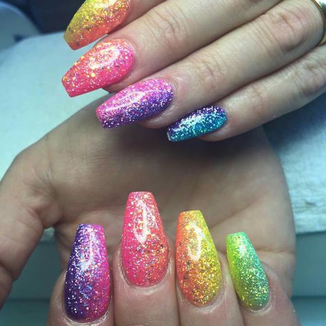 Rainbow Mermaid Nails, Glittery Colorful Nails, Rainbow Glitter Ombre Nails, Caterpillar Nails, Glitter Rainbow Nails, Birthday Gel Nails, Hue Nails, Rainbow Glitter Nails, Rainbow Ombre Nails