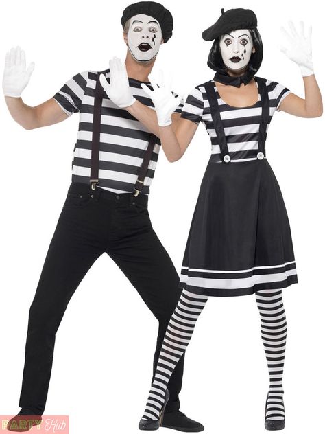 Lady Mime Artist includes a black and white dress, a black beret, a pair of white gloves, black and white striped tights and a make-up set. Transform yourself into an Mime Artist with these Mens or Ladies Costumes… You could really have some fun with these! | eBay! Mime Costume, Mime Artist, Black And White Costume, Black Braces, French Circus, Mens Fancy Dress, Fancy Dress Ideas, Circus Costumes, Black Beret